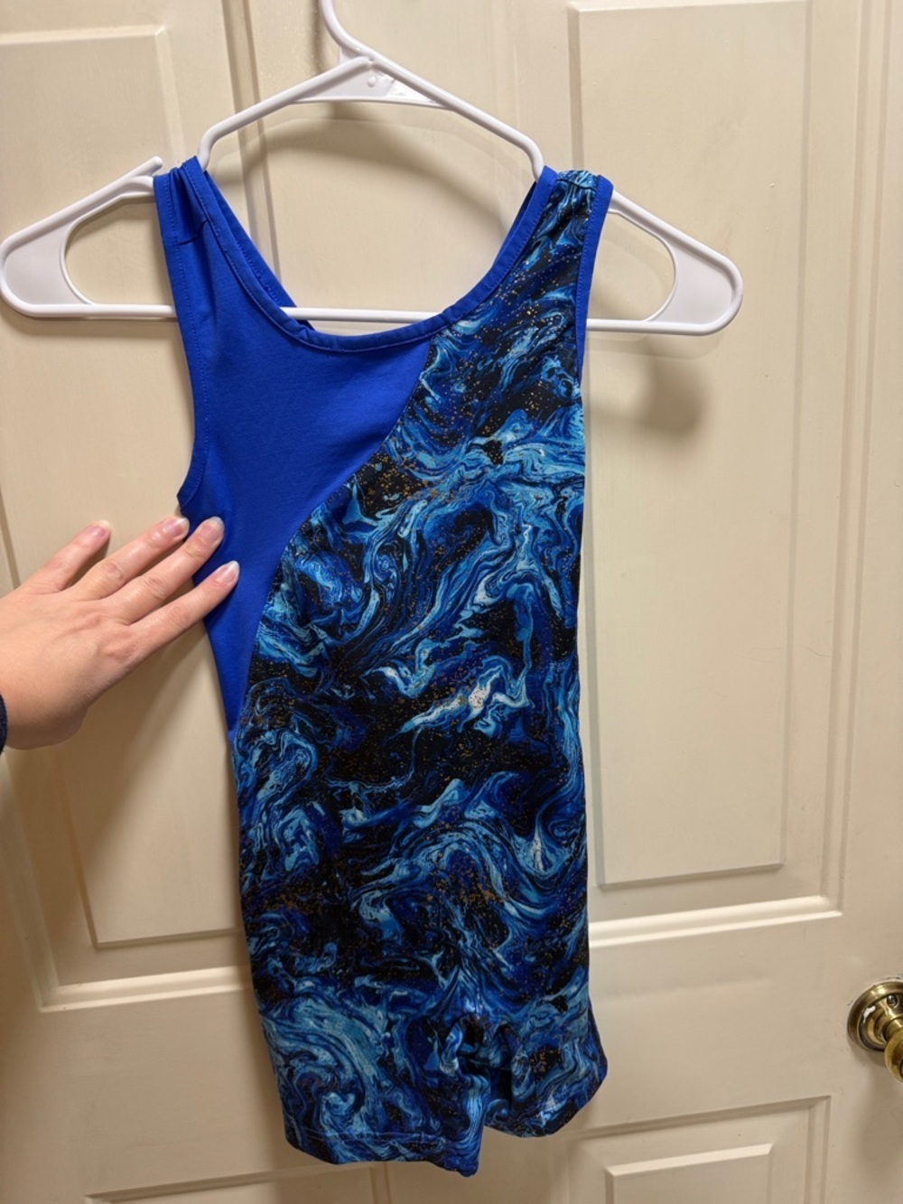 Danskin Now Blue and Gold Marble Print Gymnastics Criss Cross back Leotard 7/8